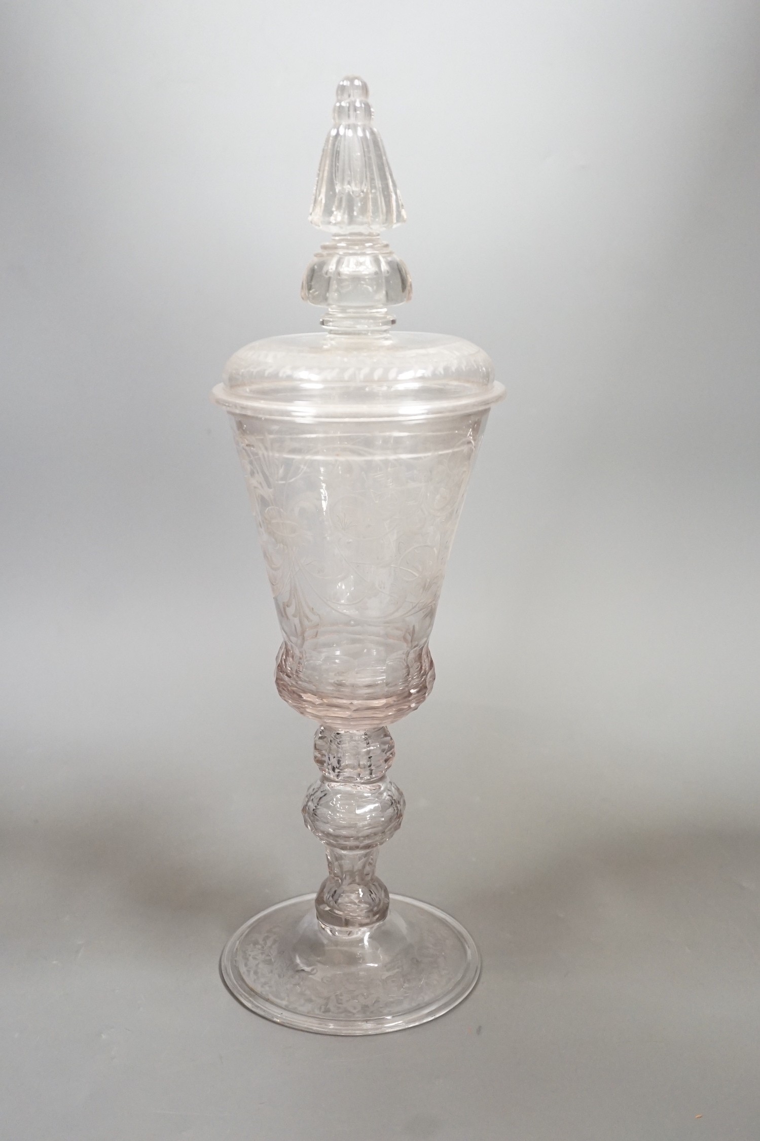 A large 18th century Bohemian goblet and cover, engraved with the angels visiting Abraham, 40cms high